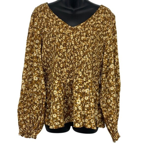 Old Navy Top Blouse XL Extra Large Peplum Long Sleeve Floral Smock Peasant New - Picture 1 of 7